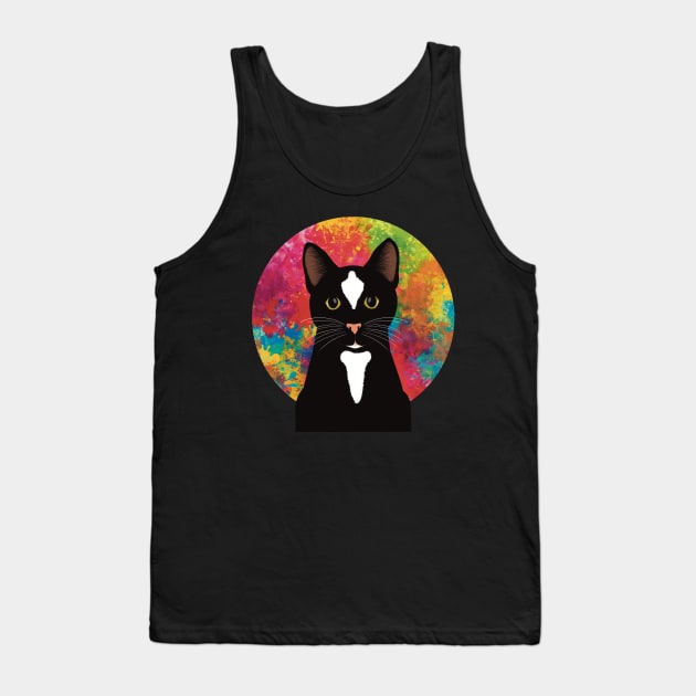 The cute and alert black and white tuxedo cat is waiting and watching you , colorful  background Tank Top by marina63